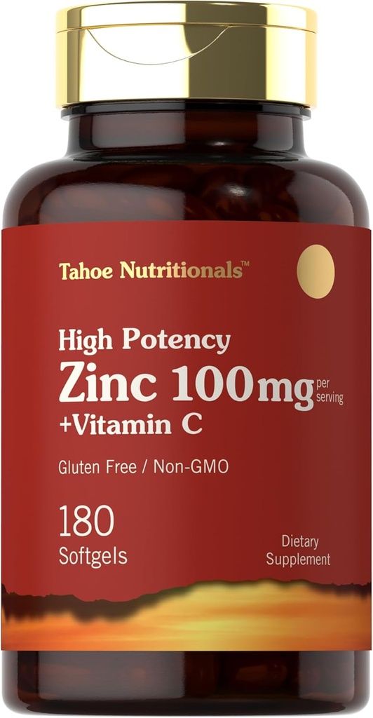 Carlyle Zinc Supplement 100mg with Vitamin C | 180 Softgels | Non-GMO, Gluten Free | Tahoe Nutritionals
