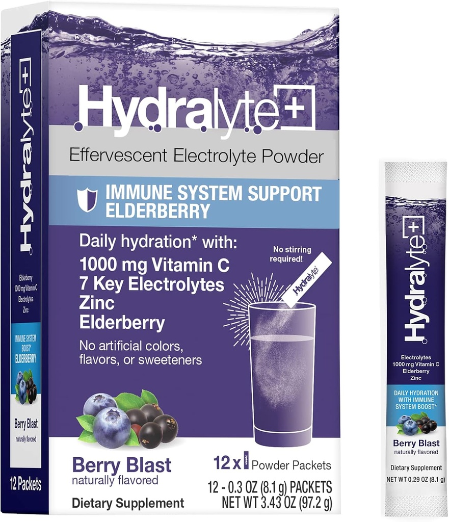 Hydralyte Electrolytes Plus Immunitet, Elderberry - Lavsukker Rapid Rehydrering Pulver - Let Sparkling Electrolyte Powder Pakninger med 1.000mg C-vitamin og 300 mg Elderberry (8oz Serve, 12 Greve)