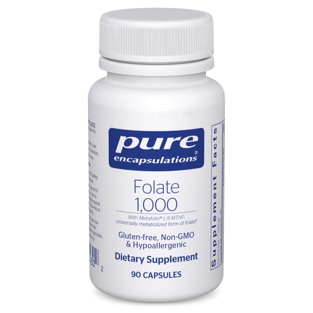 Ren indkapsling Folat 1000 - Metafolin L- 5 - MTHF - Heart Health Supplement * - Folate Supplement - Non- GMO & Gluten Free - 90 Kapsler