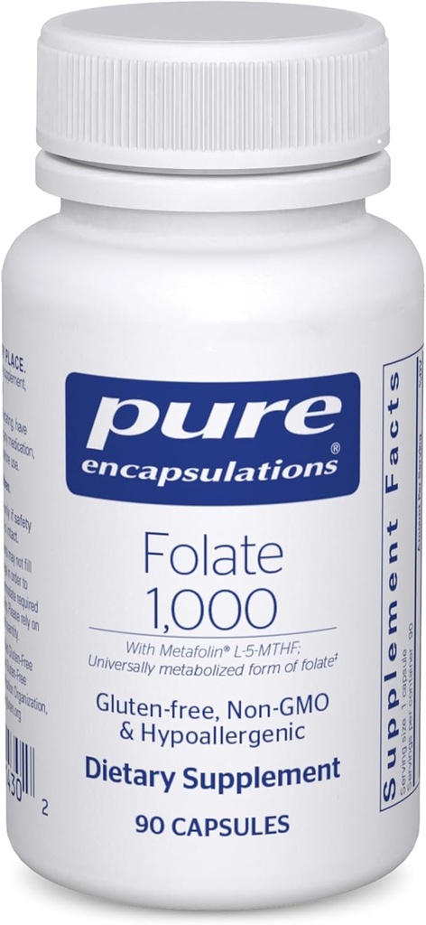 Ren indkapsling Folat 1000 - Metafolin L- 5 - MTHF - Heart Health Supplement * - Folate Supplement - Non- GMO & Gluten Free - 90 Kapsler