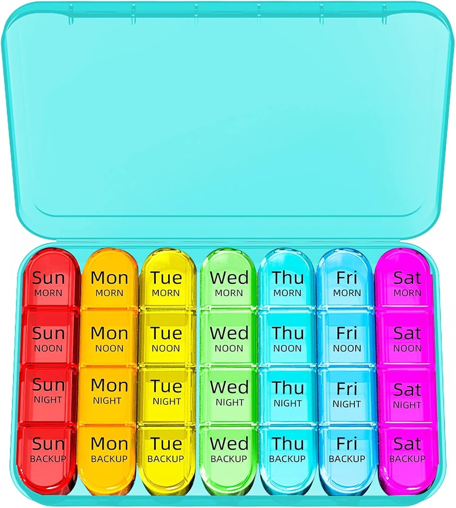 Odaro Weekly Pill Organizer 4 gange om dagen, Daily Pill Box 7 dag, Stor rejse Pill sag med 28 Segment til at holde medicin, Vitamin og tillæg - Cyan sag