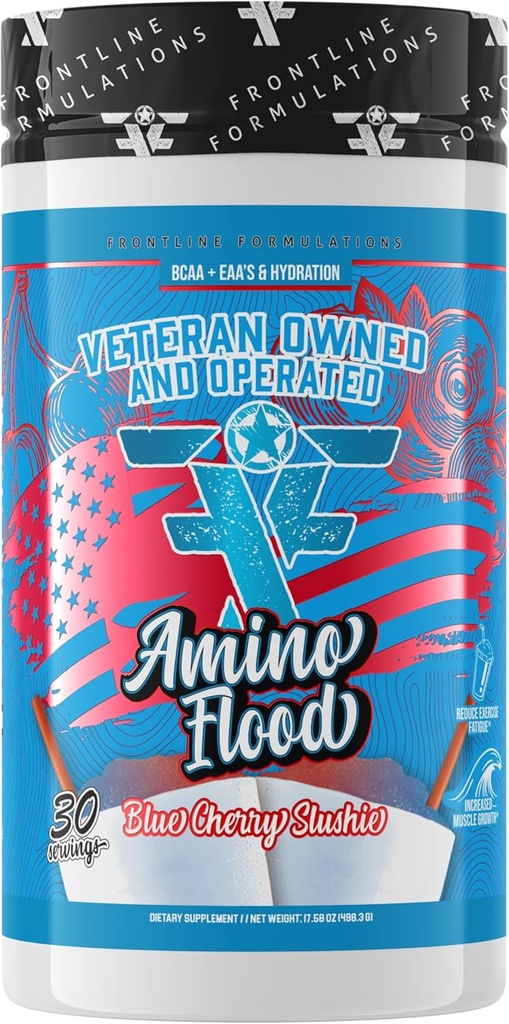 Amino Flood, BCAAs + essentielle aminosyrer, Building Blocks of Muscle, Omfattende Formel, Great Taste, Veteran Ejes og drives (30 Servere, Blå Cherry Slushie)