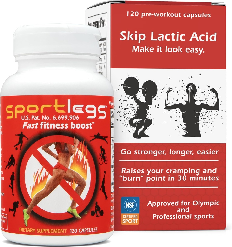 SPORTLEGS Fast Fitness Boost Pre Workout for mænd og kvinder, Mælkesyre tillæg, Sport Endurance Fuel, Endurance Kosttilskud til løbere - NSF Certified for Sport, 120- Capsule Flaske, pakke med 1