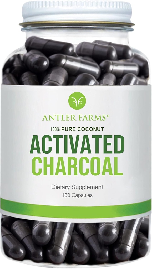 Aniler Farms - 100% Pure Coconut Aktiveret Charcoal, 180 Kapsler 260mg - Wild Hartered, Virgin Coconut Shell, USP Food Grade, Steam Aktiveret, Ultra Fine