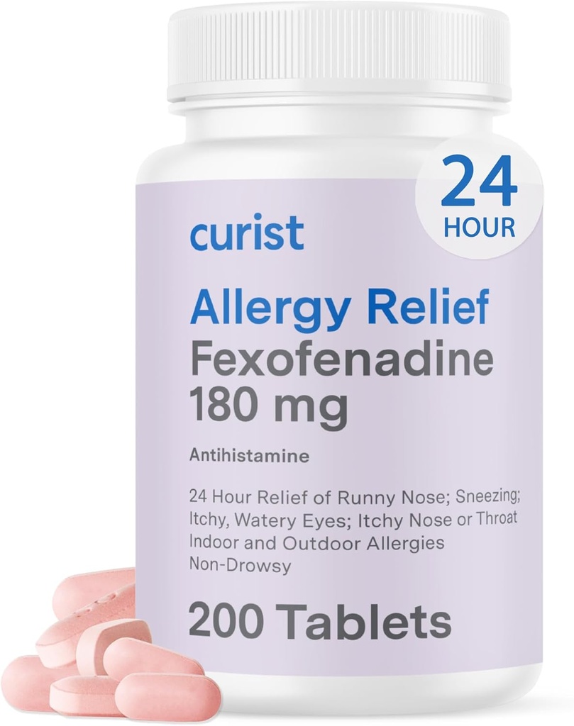 Curist Fexofenadine Hydrochlorid 180 mg (200 tabletter) Non Drowsy Allergy Medicin - 24 timers Alle dage Allergi Relief for Runny Næse, Itchy Eyes, & Hals - Allergy Relief Tablets (200 tæller)