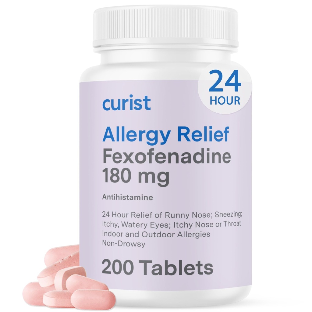 Curist Fexofenadine Hydroklorid 180 mg (200 tabletter) Non Drowsy Allergi Medicin - 24 timer Alle dage Allergi Relief for Runny Næse, Itchy Eyes, & Halsen - Allergy Relief Tablets (200 Tæl)