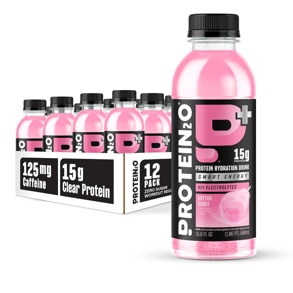 Protein2o 15g Whey Protein Isolate Hydration Drink Plus Energy & Focus, 350 mg elektrolyter, Vitamin B5 & B6, Sukker fri, Cotton Candy, 16,9 oz flaske (Pack of 12)