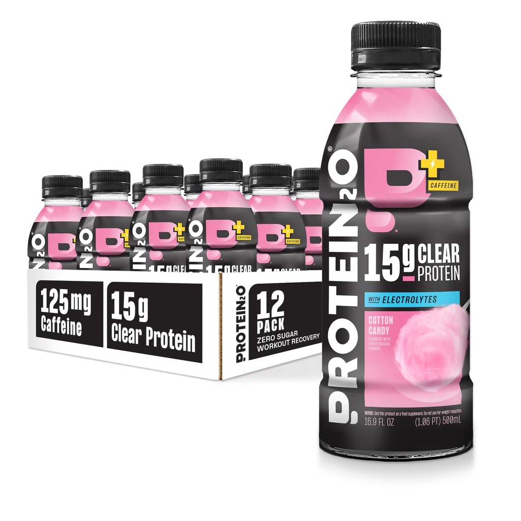 Protein2o 15g Whey Protein Isolate Hydration Drink Plus Energy & Focus, 350 mg elektrolyter, Vitamin B5 & B6, Sukker fri, Cotton Candy, 16,9 oz flaske (Pack of 12)