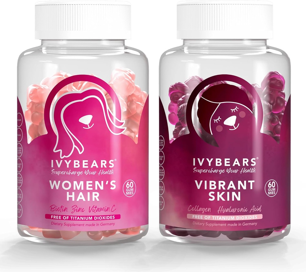 IvyBears® Women’s Hair & Skin Bundle – Hair Growth Gummies with Biotin & Collagen + Vibrant Skin Gummies with Hyaluronic Acid & VERISOL – Vegan Beauty Support – 2-Pack