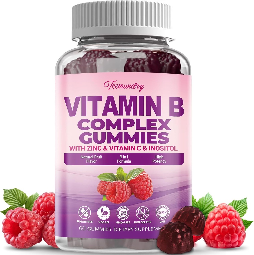 Sugar- Free Vitamin B Complex Gummies for Women - Vegan b Vitamin Complex with Methyl B12, Methyl Folate - Plus C-vitamin, Zink, Inositol - understøtter energi, immunforsvar, sundt hår, hud (60 Greve)