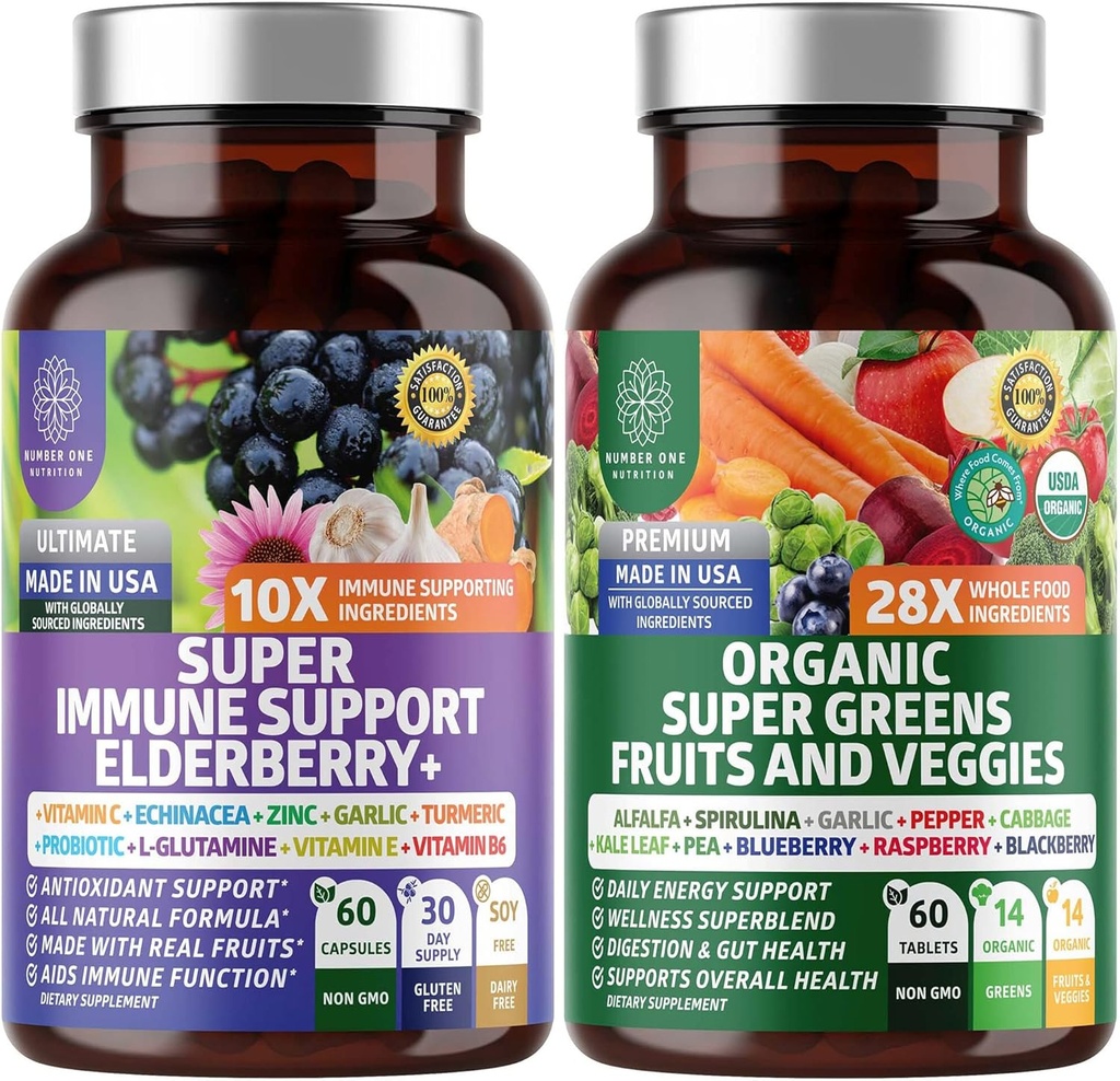 N1N Premium Organic Super Fruits & Veggies + immunforsvar [38 kraftfulde ingredienser], Natural Super Green tillæg med Alfalfa, Vitamin & Minerals, Zink, Gurkemeje og Probiotika, 120 Caps