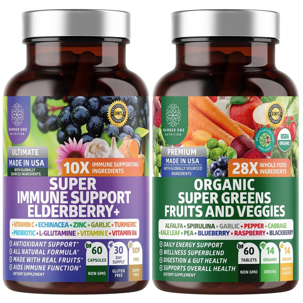 N1N Premium Organic Super Fruits & Veggies + immunforsvar [38 kraftfulde ingredienser], Natural Super Green tillæg med Alfalfa, Vitamin & Minerals, Zink, Gurkemeje og Probiotika, 120 Caps