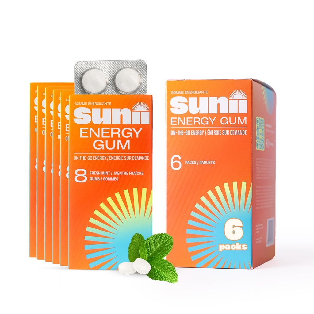 Sunii - Energy Gum - NEW Quick Boost Energy & Focus - 50 mg koffein Gum - Vitamin B6 & B12, Taurine, Vegan, No Sugar, Zero Calorie, Fresh Mint Taste - Hurtigere end tykkere, drikkevarer, Gels & piller (48stk)