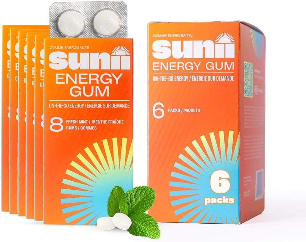 Sunii - Energy Gum - NEW Quick Boost Energy & Focus - 50 mg koffein Gum - Vitamin B6 & B12, Taurine, Vegan, No Sugar, Zero Calorie, Fresh Mint Taste - Hurtigere end tykkere, drikkevarer, Gels & piller (48stk)