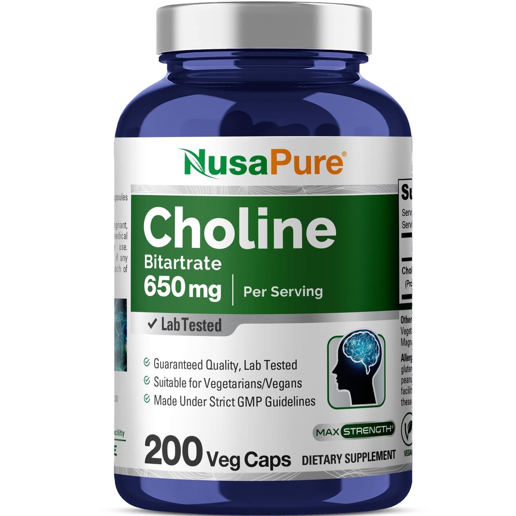 NusaPure Cholin Bitartrate 650 mg 200 Veggie Kapsler (Vegetarisk, Non- GMO, Vegan)
