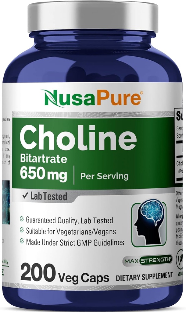 NusaPure Cholin Bitartrate 650 mg 200 Veggie Kapsler (Vegetarisk, Non- GMO, Vegan)