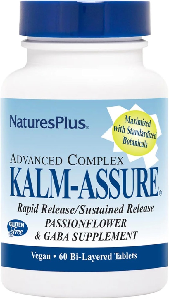 Natures Plus Kalm- Assure - 60 Bi- Layered Tablets - Understøtter Afslapning med Passionflower, GABA, Kamille & Magnesium - Gluten Free & Vegan - 60 Serveringer