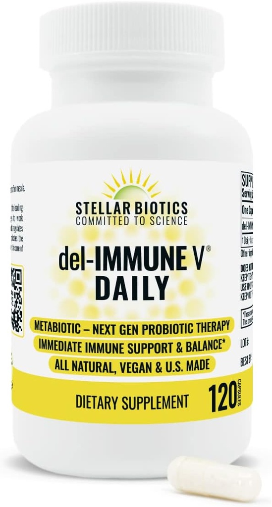 Del- immunV ® Dagligt af Stellar Biotics, All- Natural Immunsupport & Gut Health, Øjeblikkelig Care, Metabiotic: NextGen Probiotic Therapy (120 Caps)