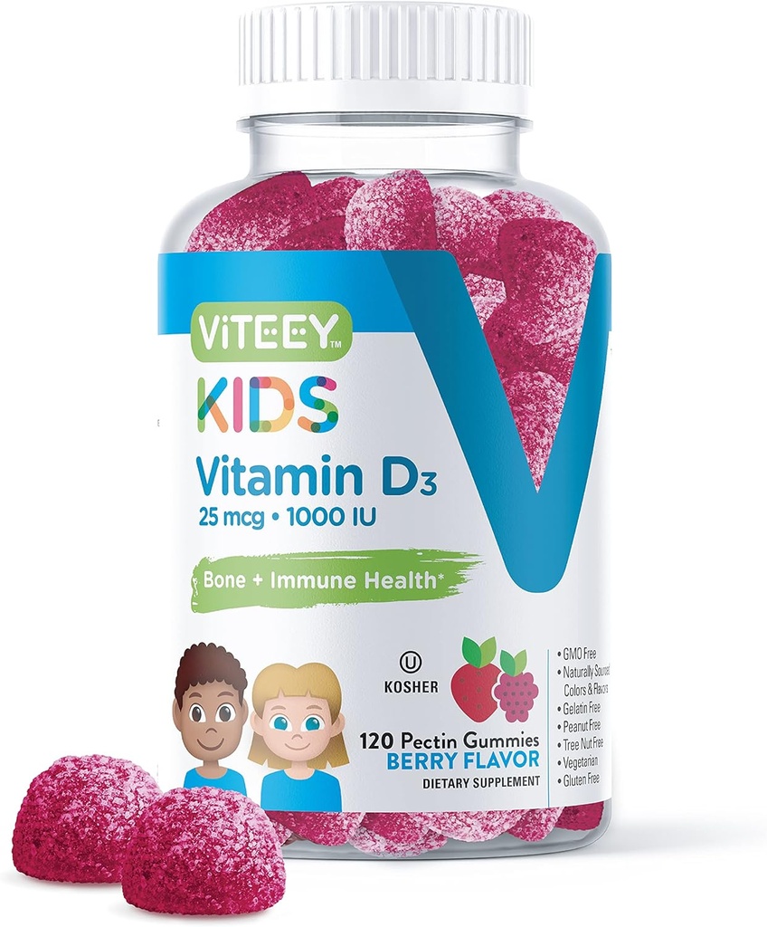 Viteey Vitamin D3 Kids Gummies 25mcg 1000 IU - Bone Health, Immune Health, Joint Muscle Support - Vegetarian, Gelatin Free, Gluten Free, GMO Free - Tasty Chewable Berry Flavored
