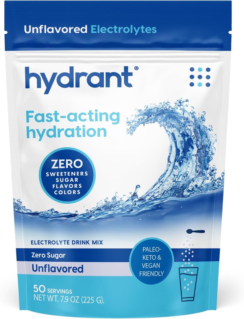 Hydrant - Bulk Hydration Powder, Unflavored, 50 Servere hurtigt fungerende Electrolyte Rehydration Powder - Zero Sugar Flavorless Drink Mix til daglig brug, Rejser og træning