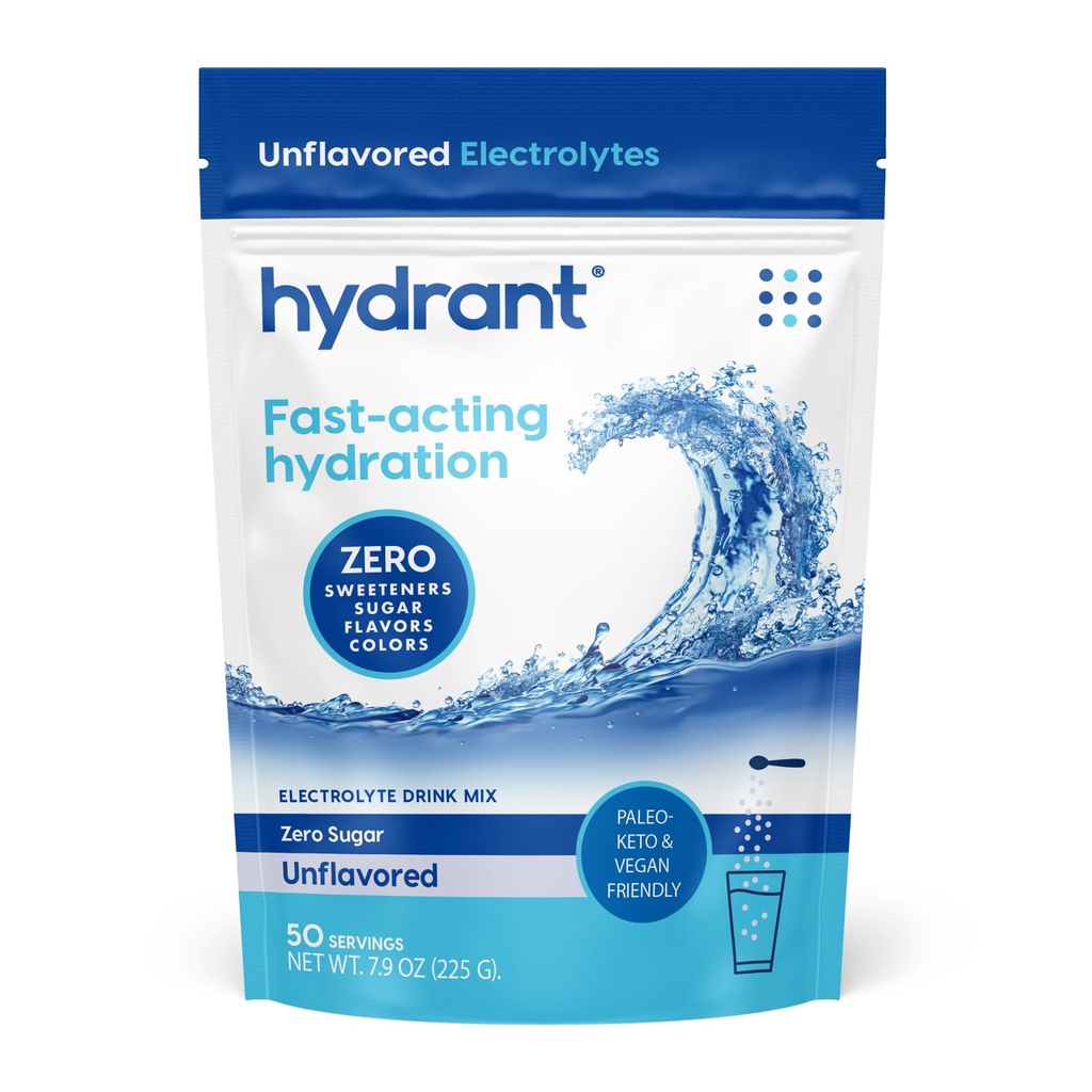 Hydrant - Bulk Hydration Powder, Unflavored, 50 Servere hurtigt fungerende Electrolyte Rehydration Powder - Zero Sugar Flavorless Drink Mix til daglig brug, Rejser og træning