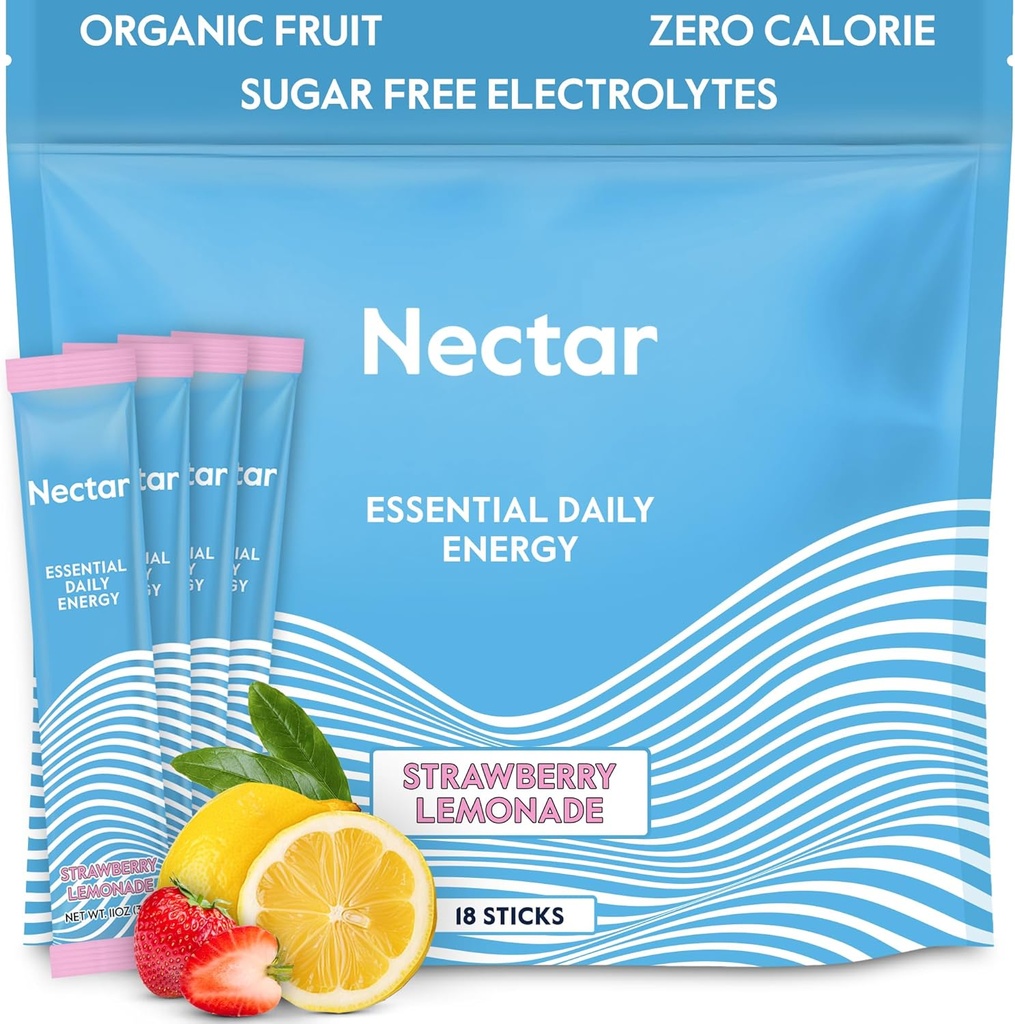 Nectar Energy Booster - Organic Coffein, B12 & Electrolytes - Sugar Free & Zero Calorie - Sund kaffe, Energidrik & Soda Alternativ - Hydration & Energy Supplement (Straw. Lemonade 18 Pakker)