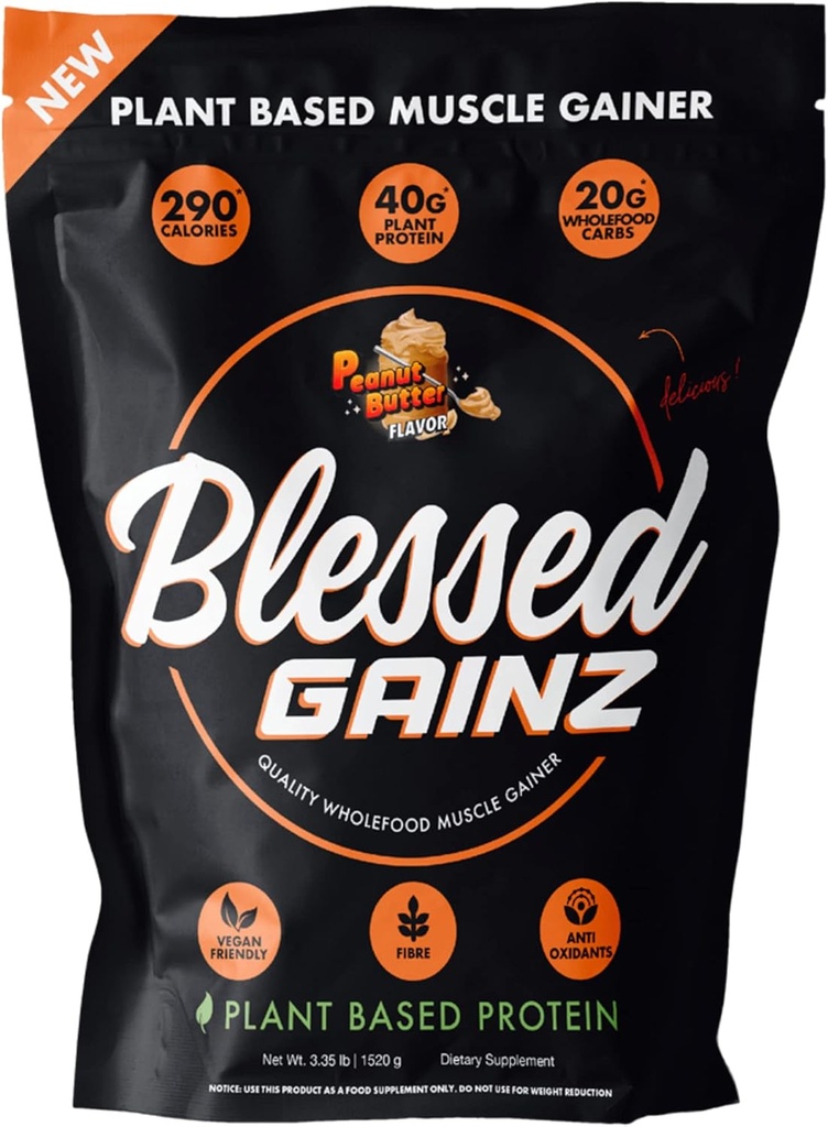 BLESSED Gainz Vegan Protein Powder Mass Gainer - 40g Plantebaseret Protein Powder - Måltidserstatning Rystes med Pea Protein Powder - Vegan Protein Shake - 40 Servere (Peanut Butter)