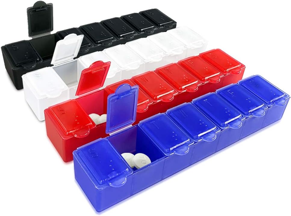 USA Merchant - 7 dages lille pilleboks med snap tæt låg - Ugentlig pilleorganizer 4 gange om dagen eller 28 dages dispenser - leveres med 4 separate 7 dages pillebeholdere til vitaminer, kosttilskud og medicin