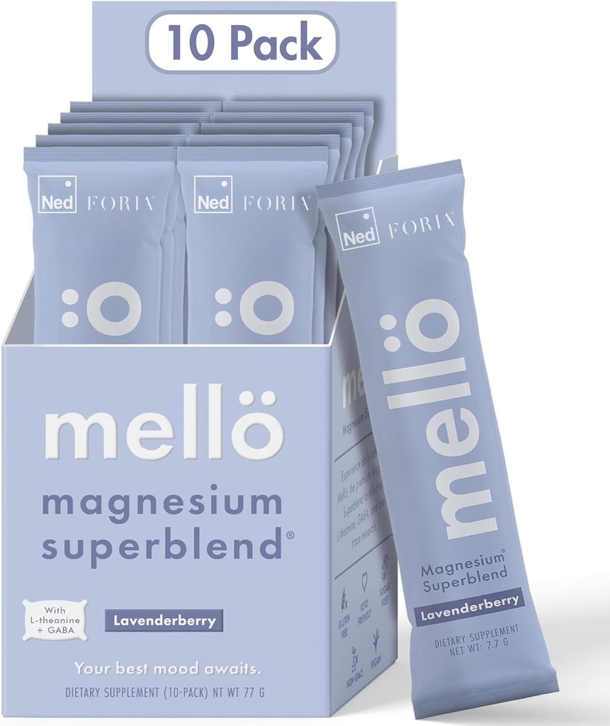 Mezzogiorno Magnesium Supplement Superblend Powder - Magnesium Glycinat med L- Theanin, GABA og Trace Minerals - Understøtter søvn, afspænding og balanceret energi - Lavenderberry Flavor, 10- Pack, Singles