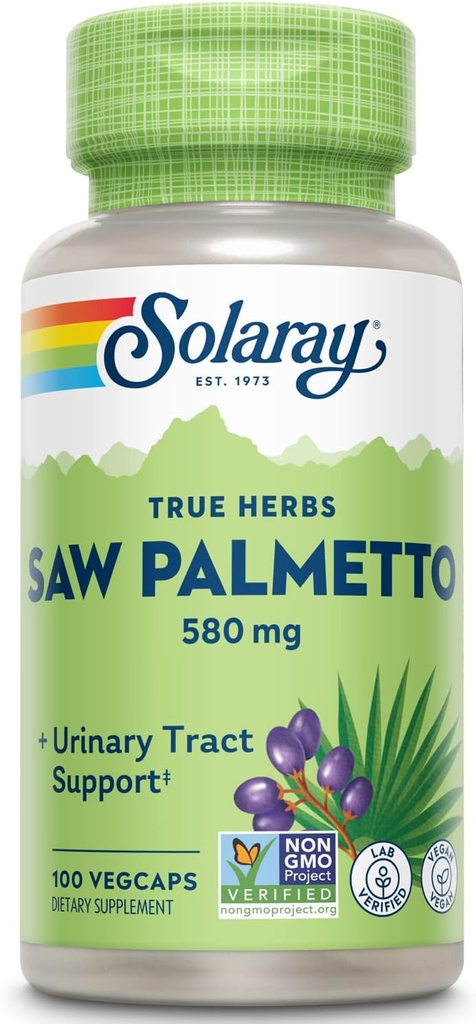 SOLARAY Saw Palmetto Berry 580 mg, Healthy Prostate and Urinary Tract Support from Fatty Acids & Plant Sterols for Men and Women, Non-GMO, Vegan & Lab Verified, 100 VegCaps, 100 Servings
