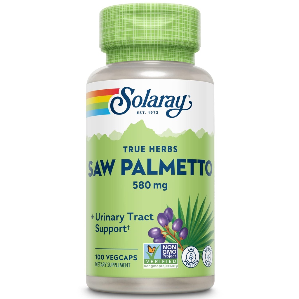 SOLARAY Saw Palmetto Berry 580 mg, sund prostata og urinveje støtte fra fede syrer & plante steroider til mænd og kvinder, non-GMO, Vegan & Lab Verified, 100 VegCaps, 100 Servere
