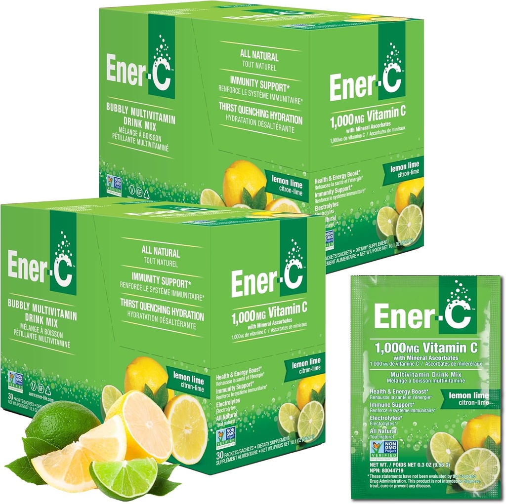 Energi- C Multivitamin Drink Mix - Vitamin Pakninger til vand, Elektrolytter Powder Pakninger, Vitamin Drink Mix, Hydration Liquid Mix, Immunbooster til voksne, Sund Energi - Lemon Lime, 60 Greve