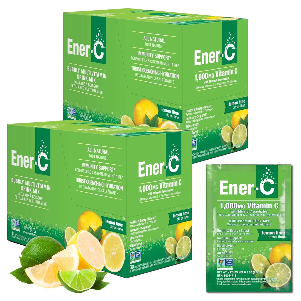 Energi- C Multivitamin Drink Mix - Vitamin Pakninger til vand, Elektrolytter Powder Pakninger, Vitamin Drink Mix, Hydration Liquid Mix, Immunbooster til voksne, Sund Energi - Lemon Lime, 60 Greve