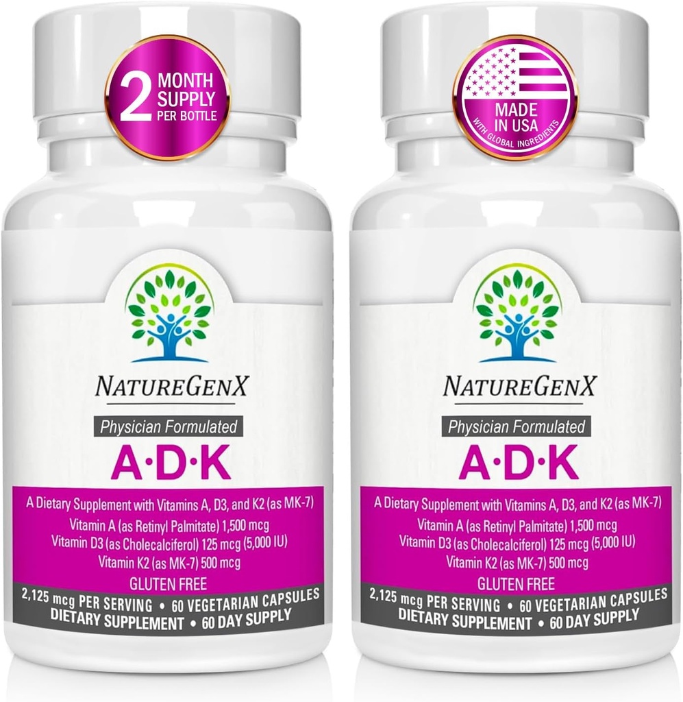 ADK Vitamin Supplement - Enhanced Bone Health with High Potency Vitamins A, D3, K2, Gluten-Free, 60 Capsules (Pack of 2)
