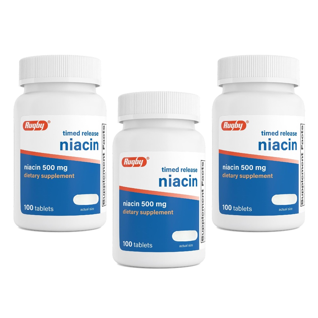 Rugby Time- Release Niacin 500 mg med 28mg Calcium, Kosttilskud for energi, cirkulering og metabolismestøtte, 100 tabletter (3 Pack)