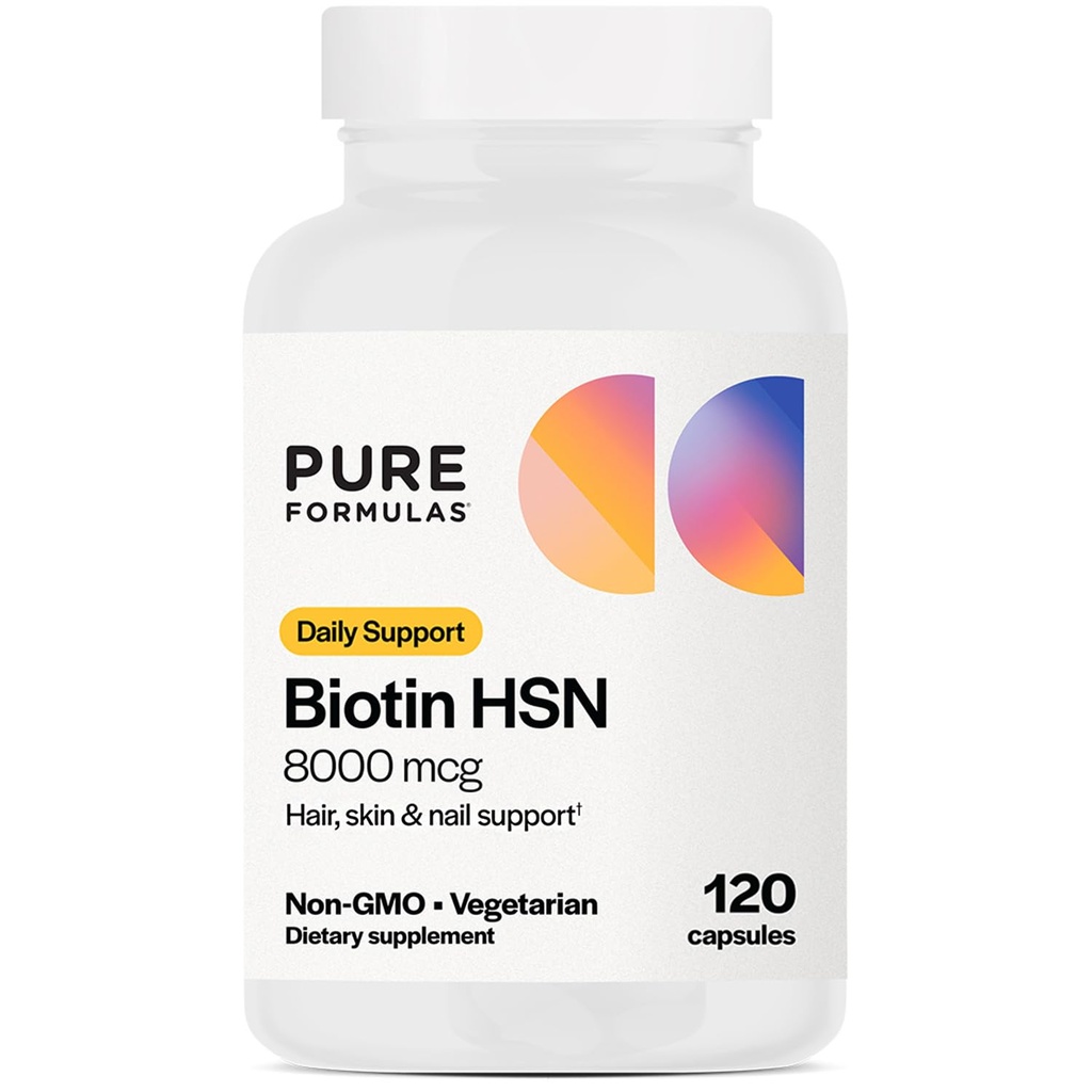 PureFormulas Biotin 8000 mcg hår hud negle Biotin supplement Biotina, Biotin hårvækst vitaminer B7 supplement til kvinder & mænd 120 kapsler