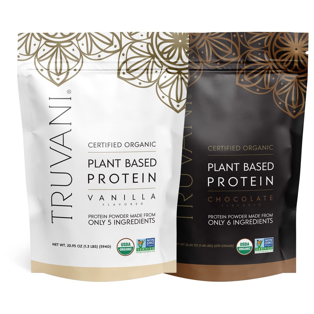 Truvani Plant Protein Powder - USDA Certified Organic, Vegan, Non- GMO, Dairy Free, Soy Free, & Gluten Free - 2 pakker med 20 Servere Hver (Chokolade & Vanilla)