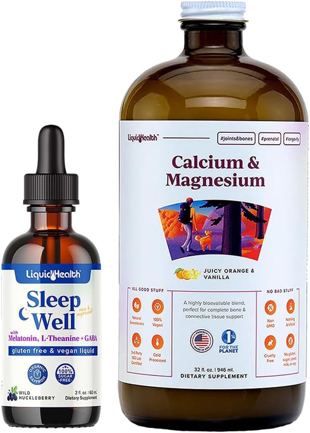 LIQUIDSUNDY Sleep Well Melatonin Drops & Calcium og Magnesium flydende fælles supplement Bundle - Natural Herbal Sleep Aid, fremmer afslapning, Ben, Tissue, & fælles støtte - USA Made, Vegan, Non- GMO