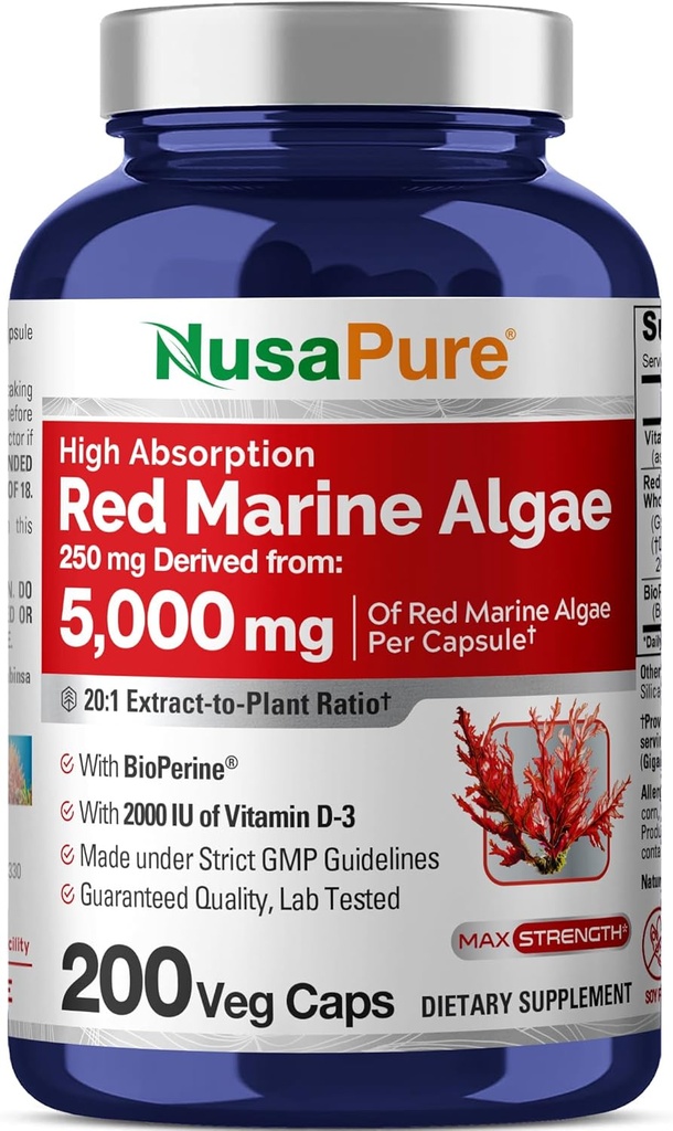 NusaPure Red Marine Algae 20: 1 Extract, 250 mg Ækvivalent med 5000 mg 200 Veggie Capsules (Non- GMO & Soy Free) Bioperine