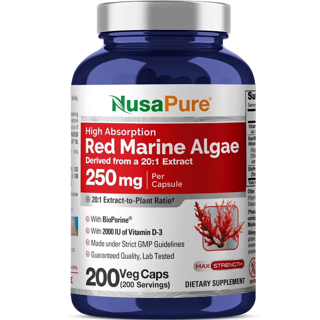 NusaPure Red Marine Algae 20: 1 Extract, 250 mg Ækvivalent med 5000 mg 200 Veggie Capsules (Non- GMO & Soy Free) Bioperine