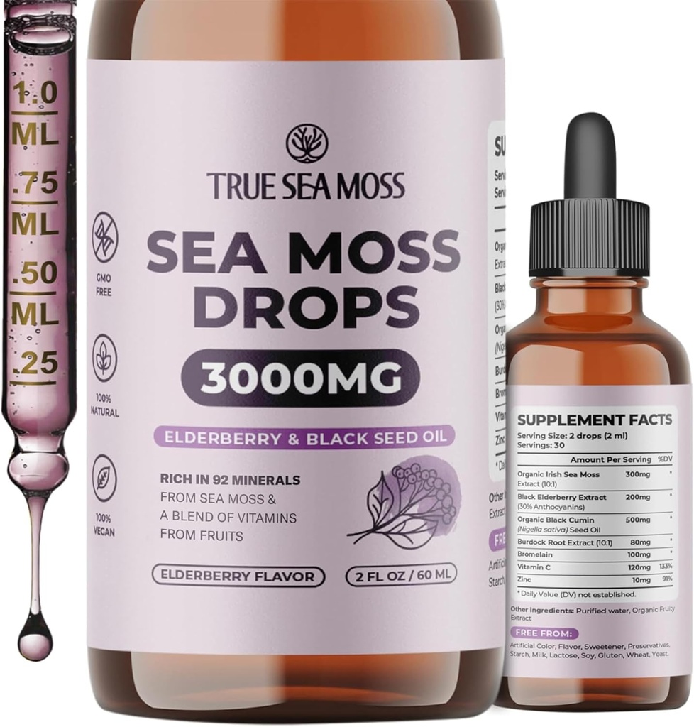 TrueSeaMoss Irish Sea Moss Drops - 5X stærkere end Sea Moss Gel - 92 + Essentials Minerals - med sort Elderberry, Burdock Root & Black Cumin - 2 Fl Oz (60ml) - Elderberry Flavor