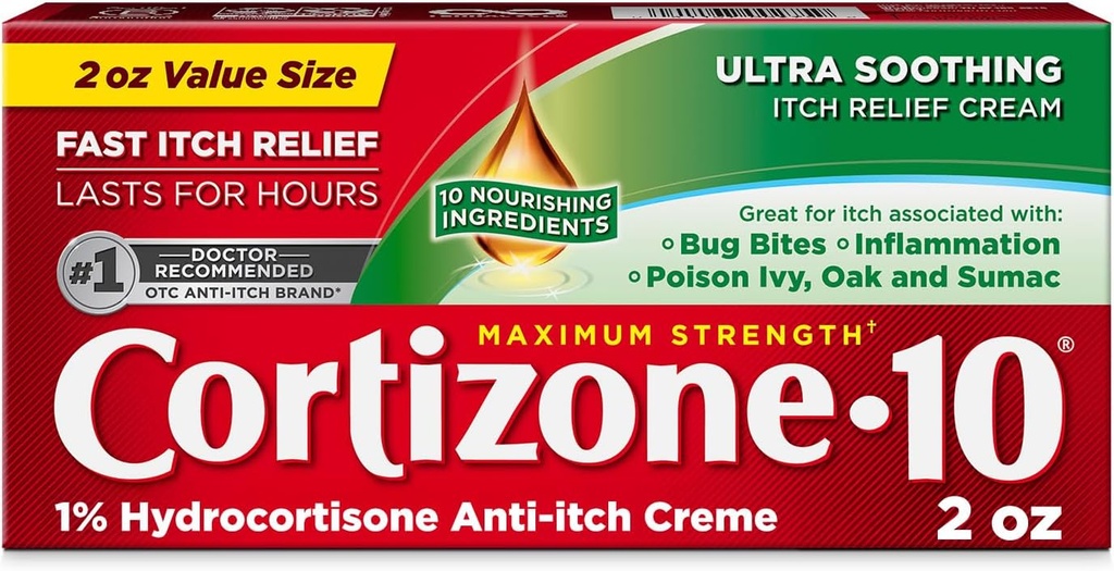 Kortison- 10 Maksimal styrke Ultra Lindring Itch Relief Cream, 1% Hydrocortison, Fast- Action- Action-, Anti- Itch Cream for Bug Bites, Udslæt, Eksem, Psoriasis, Poison Ivy, Oak, Sumac & Mere, 2 oz