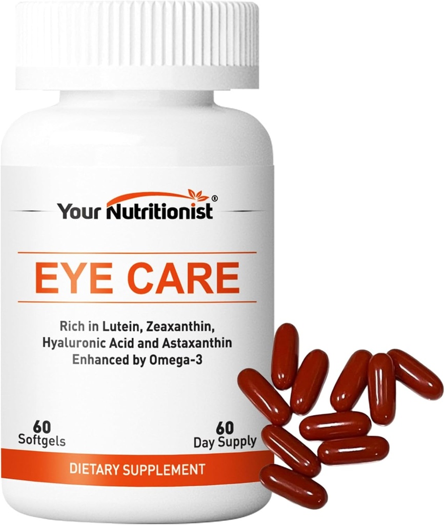 Eye Care Softgel, Lutein, Zeaxanthin, Astaxantin, Hyaluronsyre, Omega 3 (EPA, DHA), Zink, Kobber, C-vitamin & E, 60 Counts - 60 Day Supply