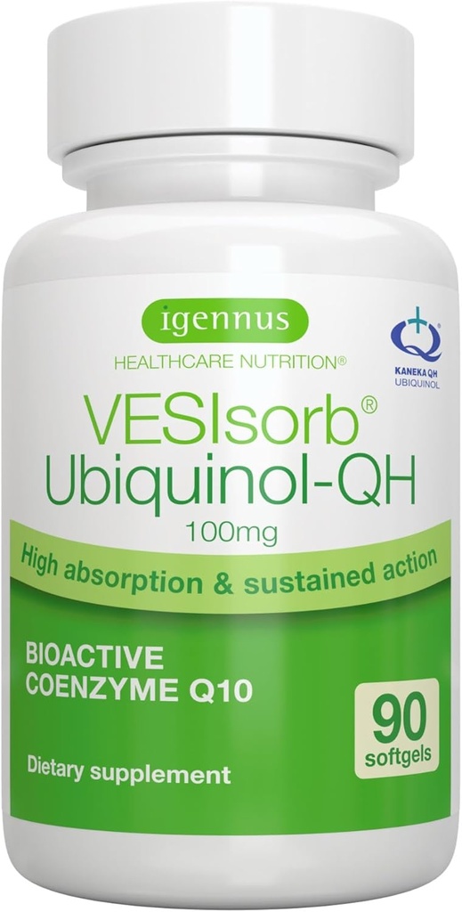 Igennus Advanced VESIsorb Ubiquinol 100mg 90 Softgel, 600% Biotilgængelighed, Fast- Actioning Water- Opløselig Coenzym Q10 Supplement for Energy & Heart, 3- Måned Supply