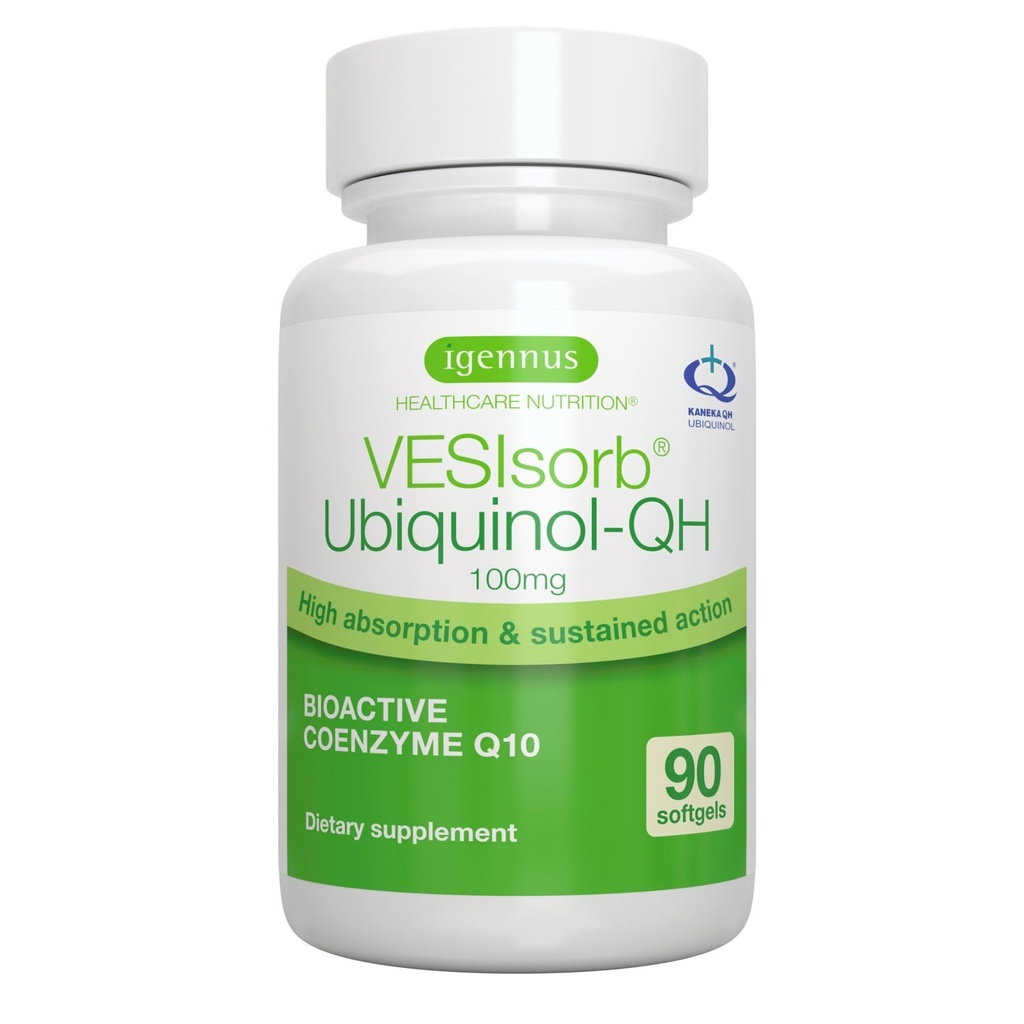 Igennus Advanced VESIsorb Ubiquinol 100mg 90 Softgel, 600% Biotilgængelighed, Fast- Actioning Water- Opløselig Coenzym Q10 Supplement for Energy & Heart, 3- Måned Supply