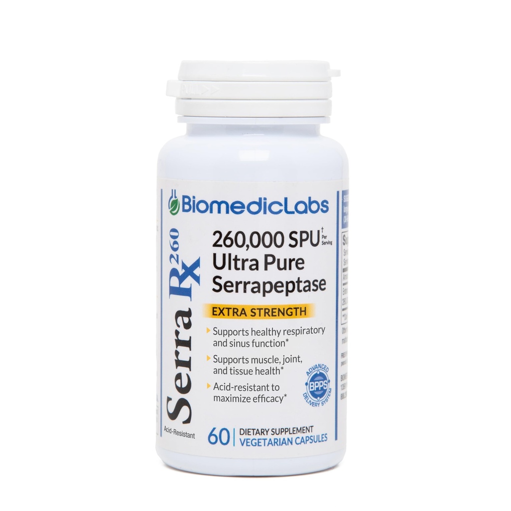 Serra-RX 260.000 SU Serrapeptase - Acid-resistent Proteolytisk systemisk enzym, Non- GMO, Gluten Free, Vegan, Understøtter Sinus, Immun & Lung Health, 60 Veg kapsler