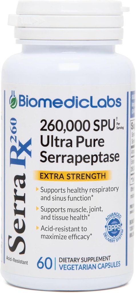 Serra-RX 260.000 SU Serrapeptase - Acid-resistent Proteolytisk systemisk enzym, Non- GMO, Gluten Free, Vegan, Understøtter Sinus, Immun & Lung Health, 60 Veg kapsler