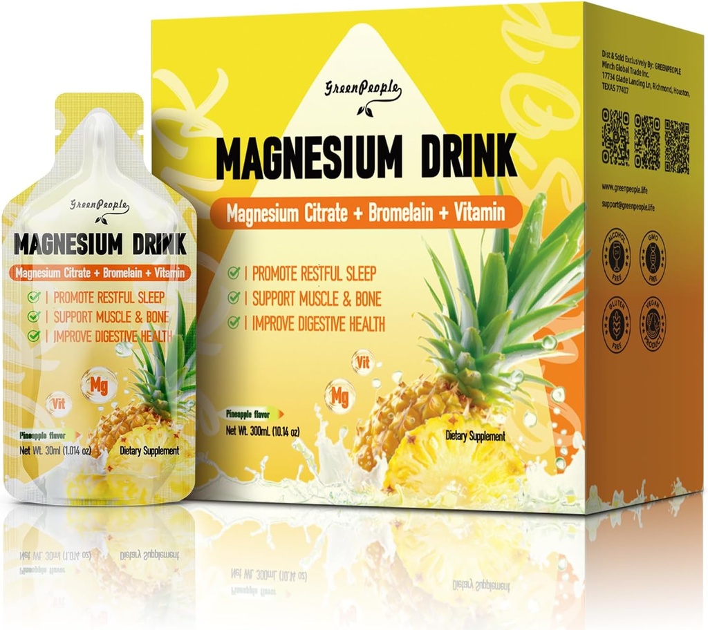 GREENPEOPLE 7- in-1 Magnesium Citrate Liquid, Magnesium Citrate Supplements Drikke med 280mg Magnesium, Zink, Bromelain, vitamin C D3 B6, Muscle & Sleep Support for Kids & Voksen, 1 fl.Oz (10Pcs)