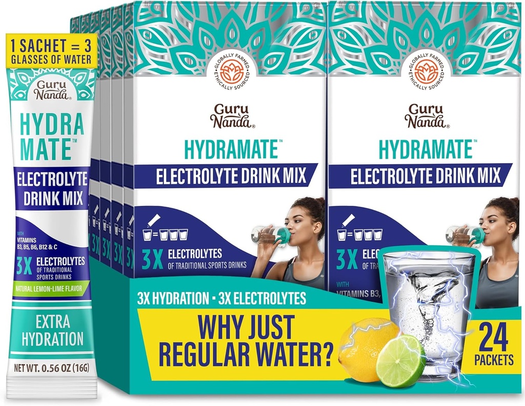 GuruNanda Hydramate Hydration Support Drink Mix - Elektrolyte Powder Pakker til Dehydrering, Motion & Energy - Ingen Tilføjet sødestoffer, Non- GMO, Natural Lemon Lime Flavor - 24 Greve (0,56 oz Hver)