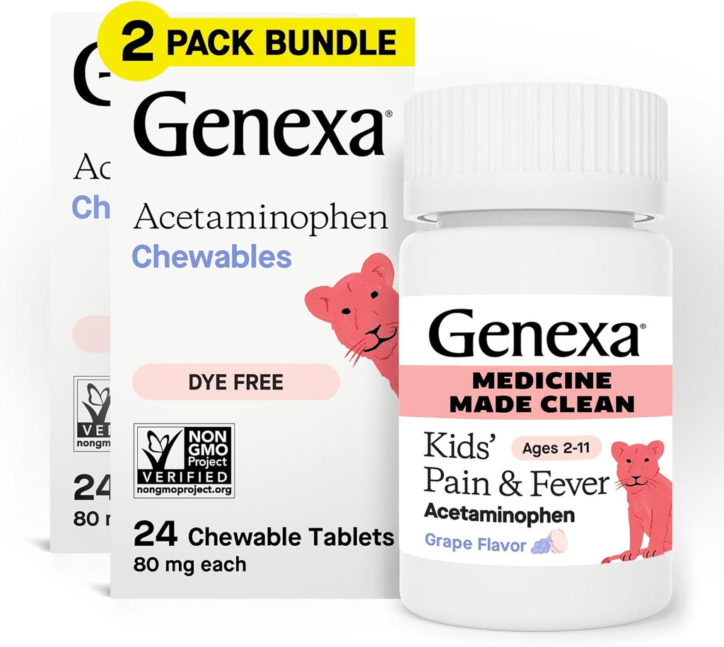 Genexa Kids 'Clean Pain & Fever Acetaminophen Chewables, Dye Free, 0% kunstige tilsætningsstoffer, lækker Grape Flavor, Chewable Medicine for Children 2- 11, 80 mg per tablet, 48ct (2 Pack)